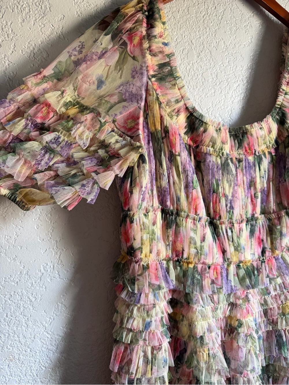 Mac Duggal Floral Ruffle Mini Dress in Cream, Pink & Purple